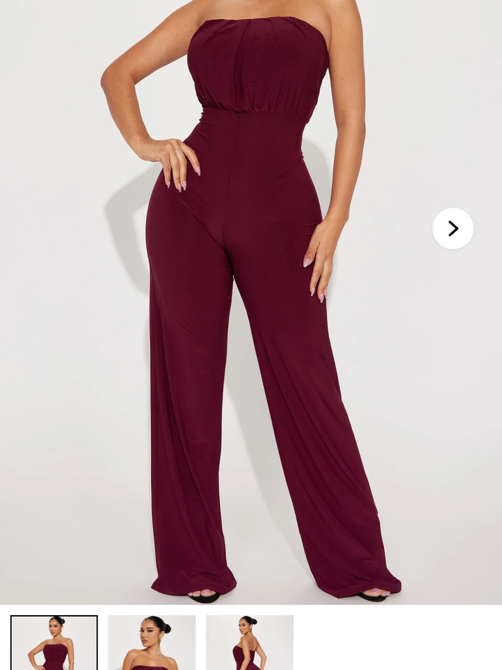 Fashion Nova Strapless Wide-Leg Jumpsuit in Wine
